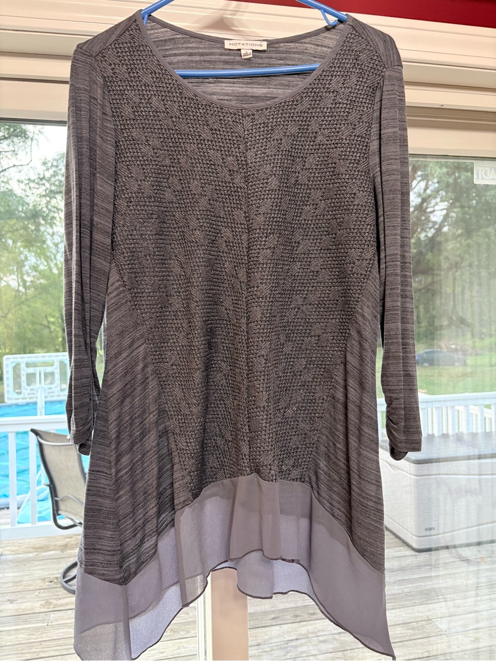 Notations Gray Knit Textured Hi-Low Tunic with Sheer Hem